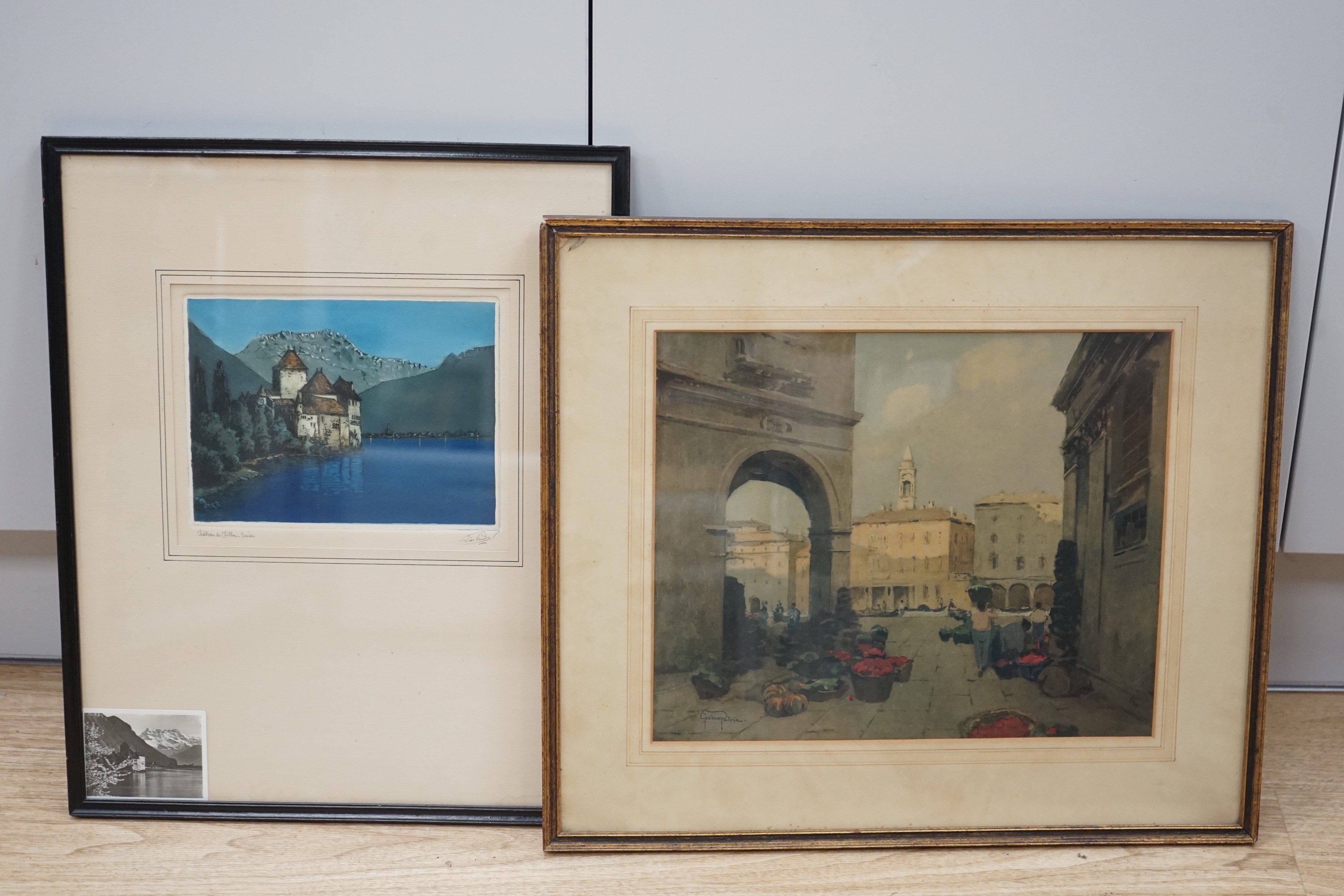 French School, coloured etching, 'Chateau de Chillon, Switzerland', 16 x 21cm, and a Medici print after Graham Petrie of a Venetian Square